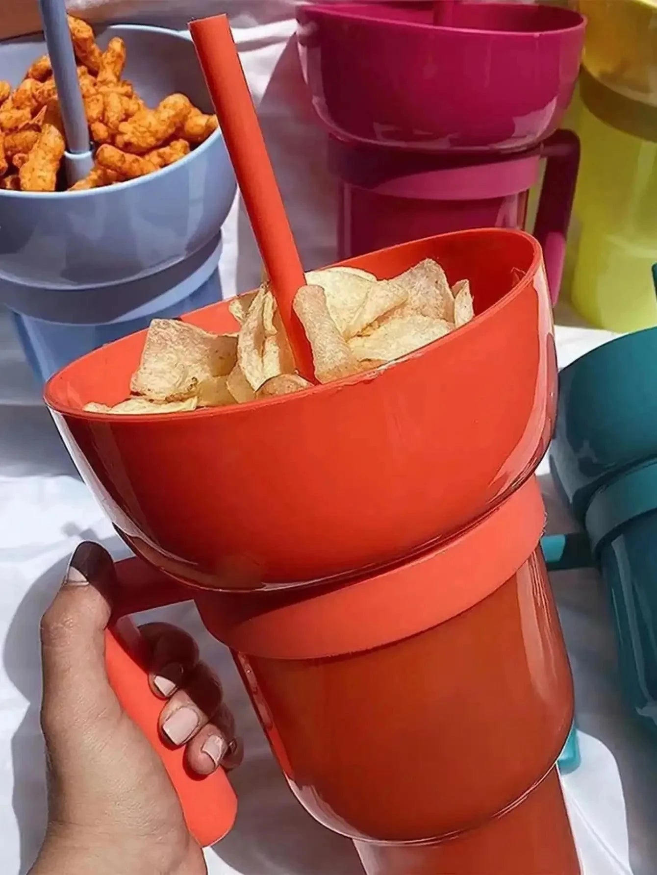 2 IN 1 Creative Popcorn Snack Cup Integrated Beverage Cup With Straw Handle Portable Beverage Cup Novel Design And Many Function