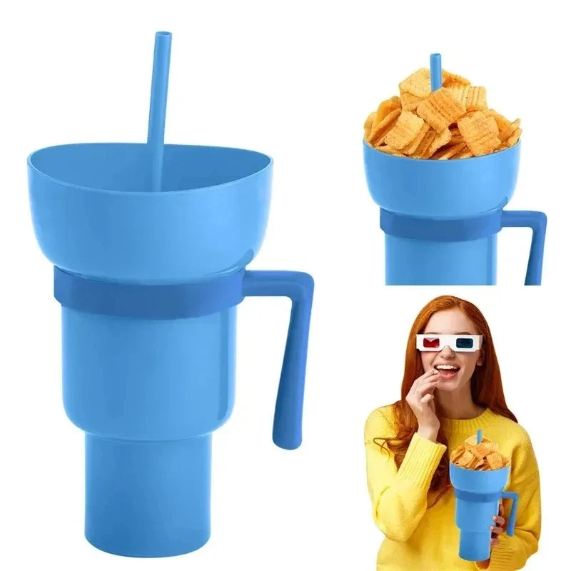 2 IN 1 Creative Popcorn Snack Cup Integrated Beverage Cup With Straw Handle Portable Beverage Cup Novel Design And Many Function