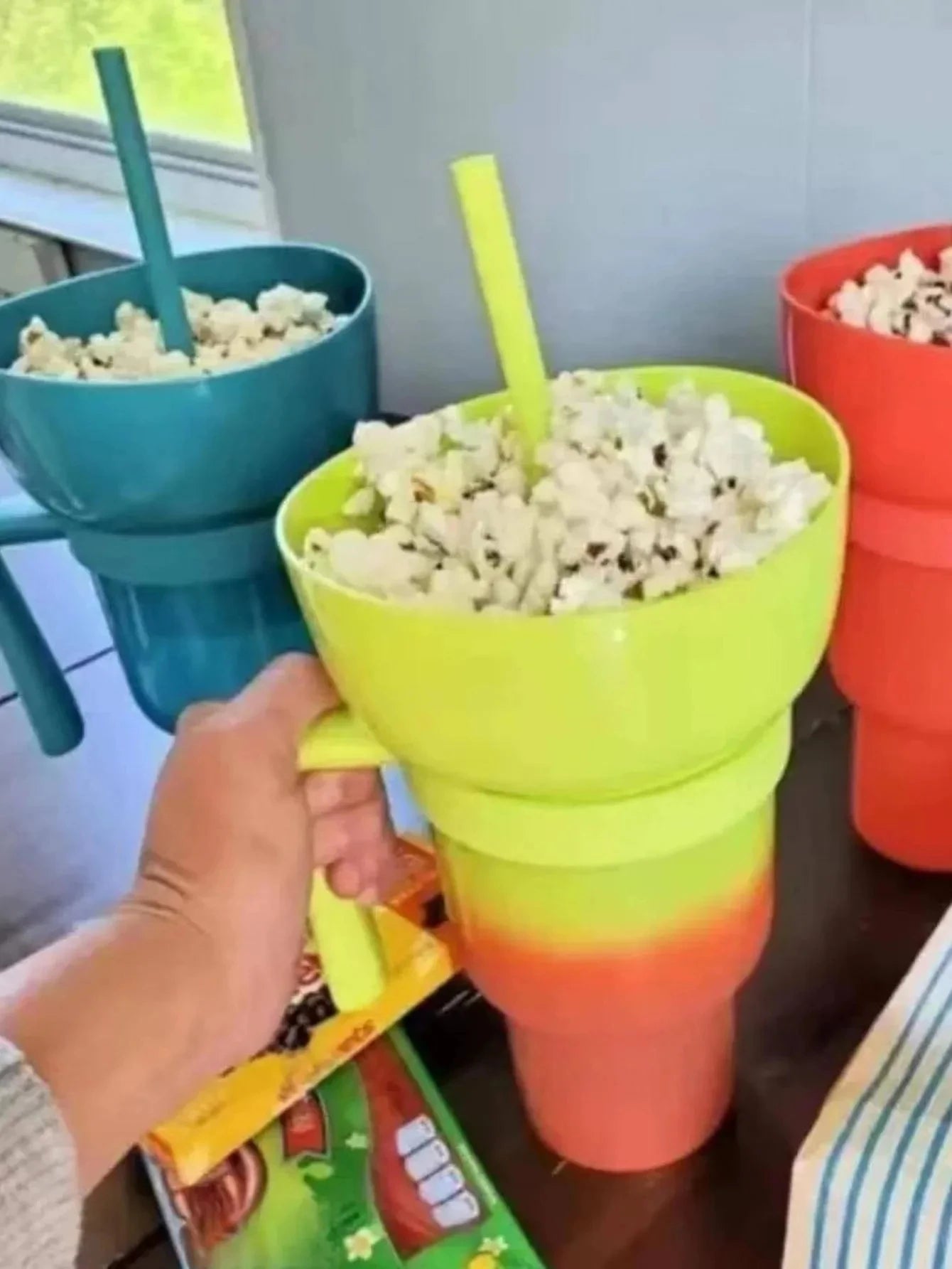 2 IN 1 Creative Popcorn Snack Cup Integrated Beverage Cup With Straw Handle Portable Beverage Cup Novel Design And Many Function