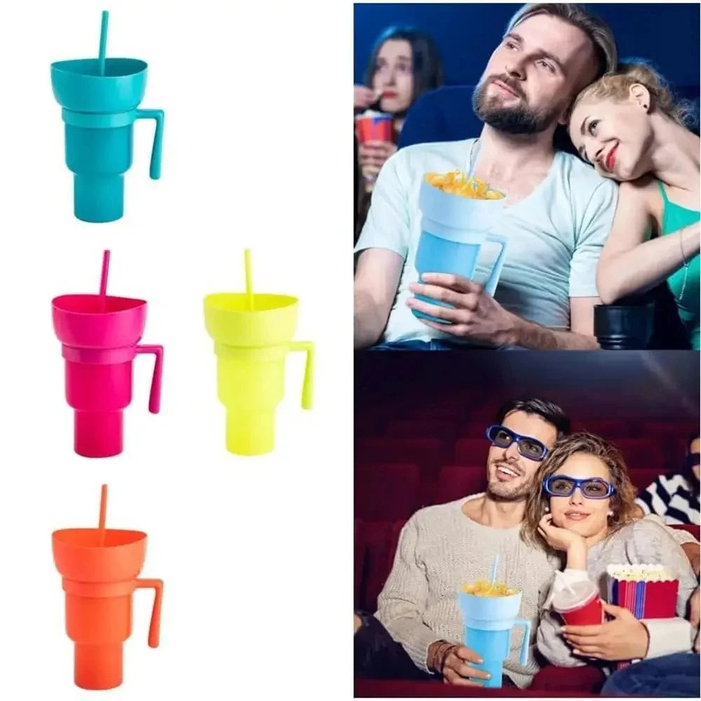 2 IN 1 Creative Popcorn Snack Cup Integrated Beverage Cup With Straw Handle Portable Beverage Cup Novel Design And Many Function